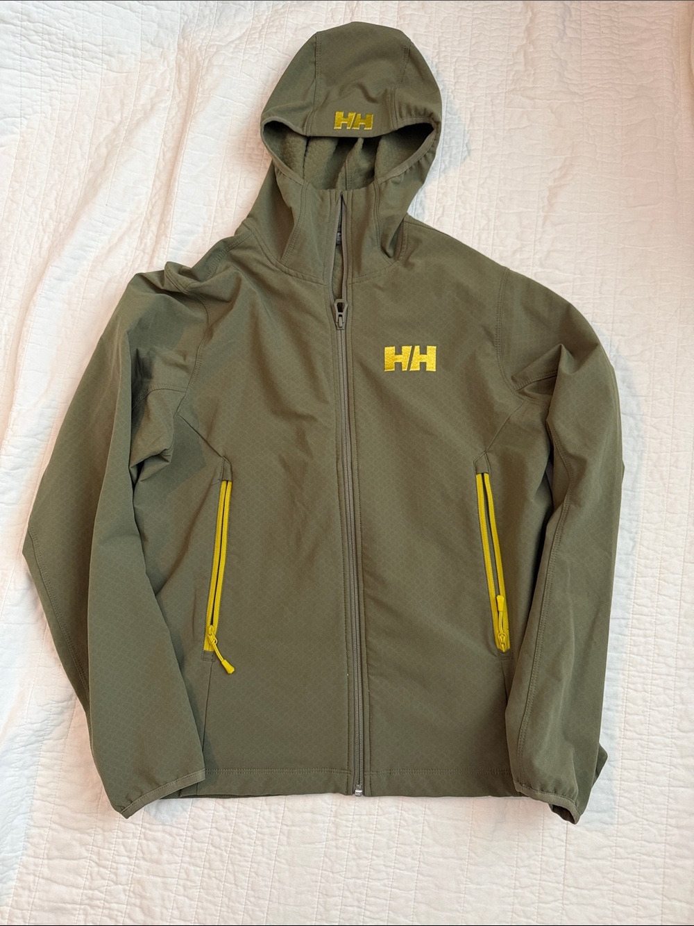 Helly Hansen Olive Hooded Softshell Jacket with Yellow Accents